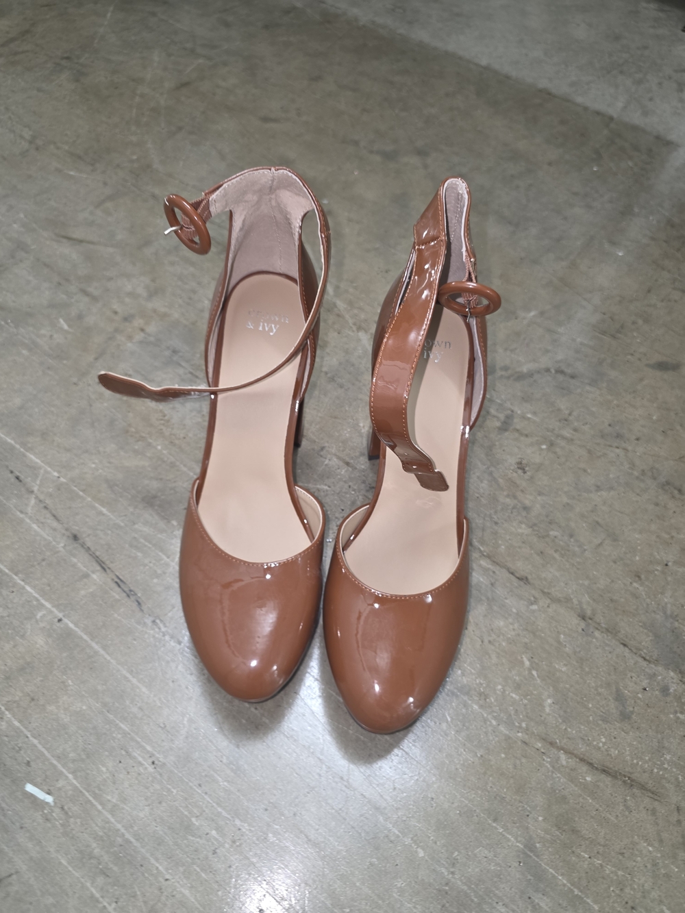 crown & ivy Glossy Tan Brown Ankle-Strap Pumps
